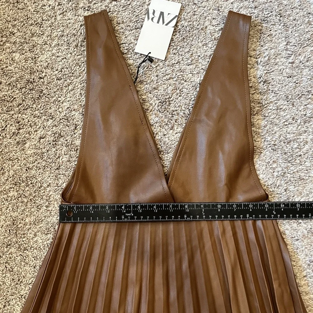 Zara Brown Faux Leather Pleated Strapless Pinafore Dress
